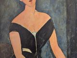 tableau représentant une femme en robe noire tenant un éventail rouge