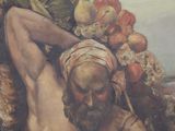 a painting of a man with a bunch of fruit on his head