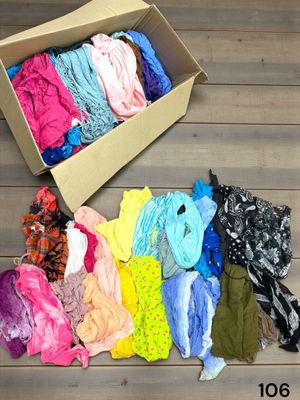 a box full of clothes sitting on a wooden floor