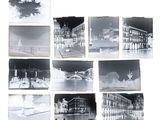 several black and white photographs of a building with a fountain