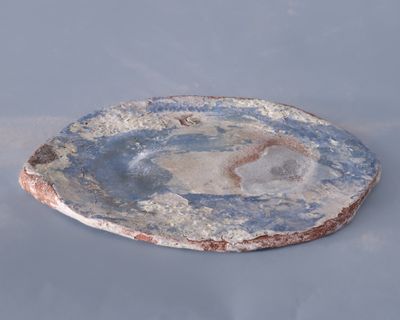 une photo d'une assiette bleue et blanche posée sur une table