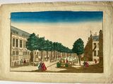 an old picture of a street with people walking on it