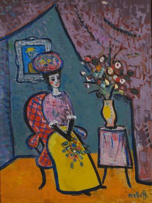 un tableau représentant une femme assise sur une chaise à côté d'un vase de fleurs