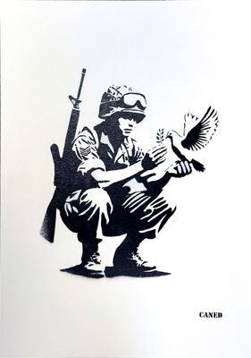 a black and white drawing of a soldier with a bird in his hand