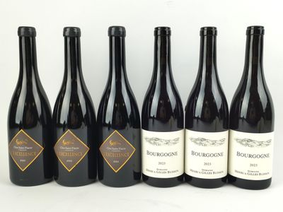 six bouteilles de vin sont alignées sur une surface blanche