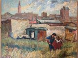 painting of a man and a woman in a field with buildings in the background