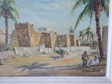 a painting of a street scene with palm trees in the foreground