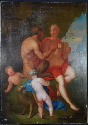 painting of a group of naked men playing instruments in a wooded setting