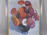 a painting of flowers in a blue vase on a table