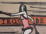 un tableau représentant une femme en maillot de bain tenant une raquette de tennis