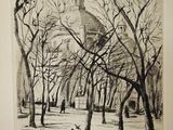 drawing of a black and white picture of a building in a park