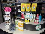 a counter that has a lot of products on it