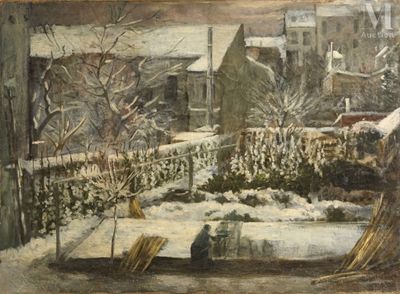 un tableau représentant deux personnes assises sur un banc dans la neige