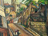 un tableau représentant un homme qui descend la rue à vélo