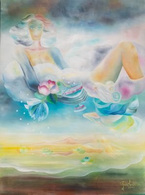 un tableau représentant une femme assise sur un nuage