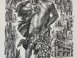 a black and white drawing of a man holding a sword