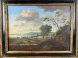 a painting of a landscape with a river and trees in the foreground