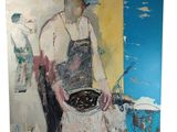 an oil painting of a woman preparing food in a kitchen