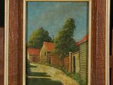 an oil painting of a village scene with a road in the foreground
