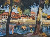 un tableau représentant un bateau sur l'eau près d'un village