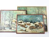 trois tableaux représentant un village en hiver, avec de la neige au sol