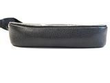 a black leather fanny bag with a black strap