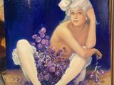 a painting of a woman sitting on the ground with a basket of flowers