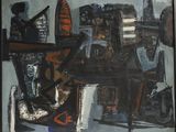 abstract painting of various objects in a black frame on a blue background