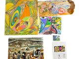 many different paintings on display on a white surface