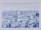 drawing of a village with a clock tower in the middle of it
