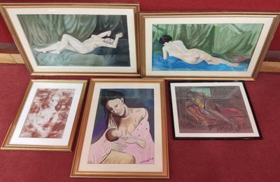three framed pictures of a woman laying on a bed with a baby in her lap