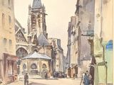 une aquarelle représentant une scène de rue avec une église en arrière-plan