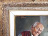 painting of an old man in a red vest and bow tie