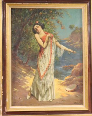 une peinture à l'huile représentant une femme en robe blanche au bord de l'eau