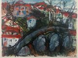 a painting of a bridge over a river with buildings in the background