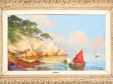a painting of a sailboat on the water near a cliff