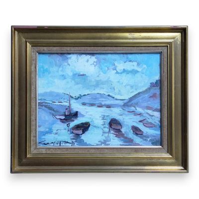 a painting of two boats on the water