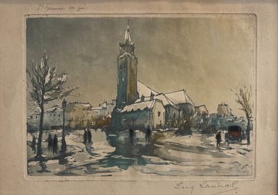 tableau représentant une tour horloge au cœur d'une ville enneigée