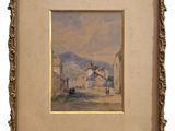 une vieille photo représentant un tableau d'un village avec une église en arrière-plan