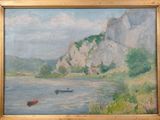an oil painting of a boat on a river with a mountain in the background