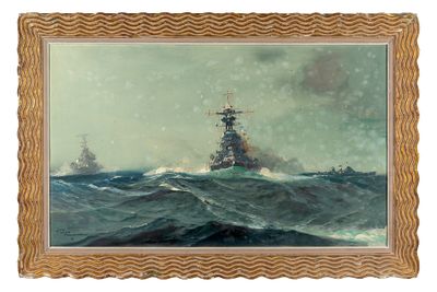 une peinture à l'huile représentant deux navires en mer, au milieu des vagues