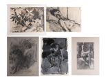 several drawings of a woman laying on a bed and a man sitting on a chair