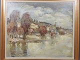 an oil painting of a river scene with a church in the distance