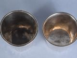 pair of silver cups on a blue surface with a white background