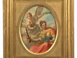 a painting of a woman holding a sword in front of an angel