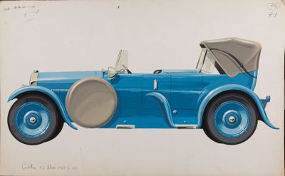 drawing of a blue car with a beige top and a tan roof