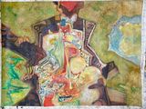 un tableau représentant un homme assis à une table avec une guitare