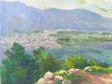 an oil painting of a view of a city from a hill