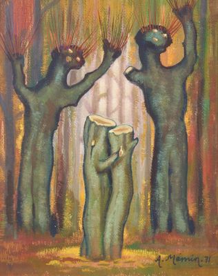 tableau représentant trois personnes se tenant par la main devant une forêt