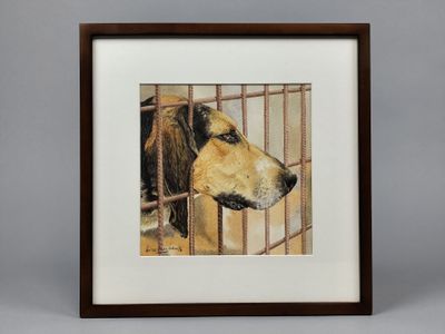 tableau représentant un chien dans une cage, regardant par la fenêtre